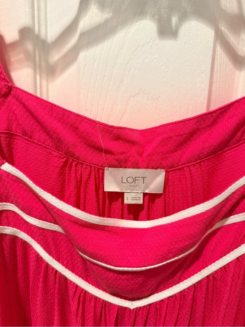 LOFT Hot Pink Puff-Sleeve Scoop Neck Blouse with White Trim